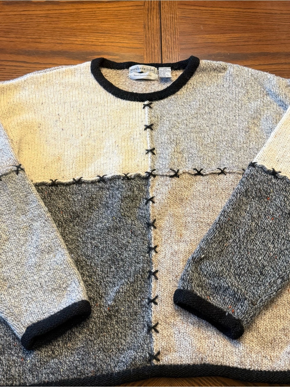 Vintage Northern Isles 100% Wool Sweater Womens XL Gray Tan Cream Warm 90s